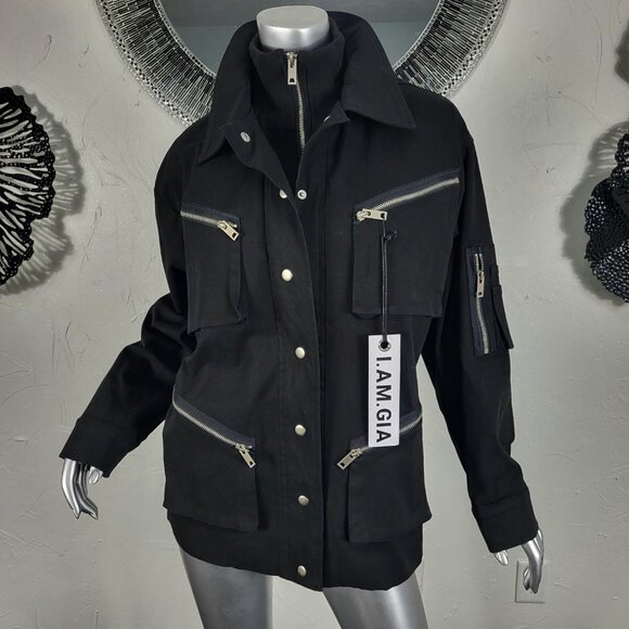 NWT~$295~I AM GIA~S/M~BLACK MILITARY UTILITY CARGO DENIM JEAN JACKET COAT - Picture 8 of 16
